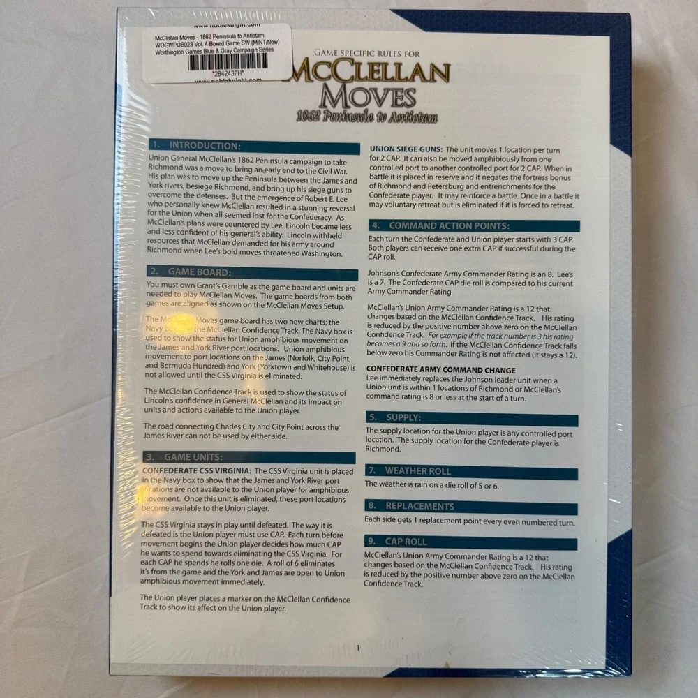 McClellan Moves 1862 Peninsula to‎ Antietam Worthington Vol 4 NEW Sealed Game